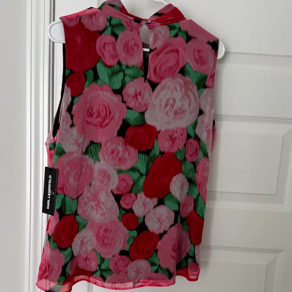 Karl Lagerfeld Sleeveless Floral Ruffle Tie-Neck Top - Pink, Red, Green, Black - Picture 6 of 7